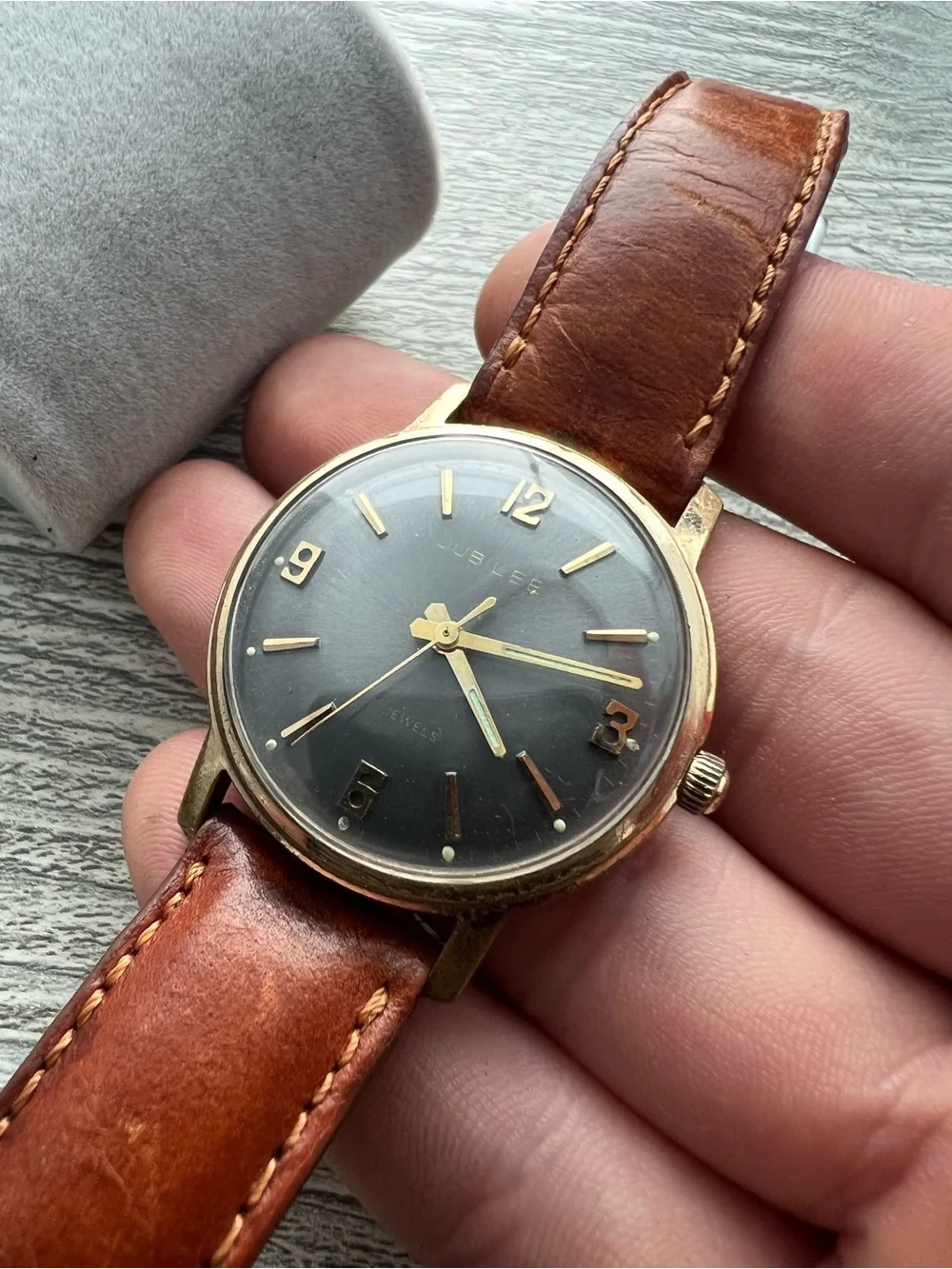 Jubilee Vintage Gold-Tone Wristwatch with Brown Leather Strap